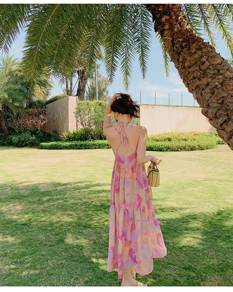 Elegant Summer Beach Sexy Women V-neck Backless Floral Printed Side Split Leisure Long Maxi Dress