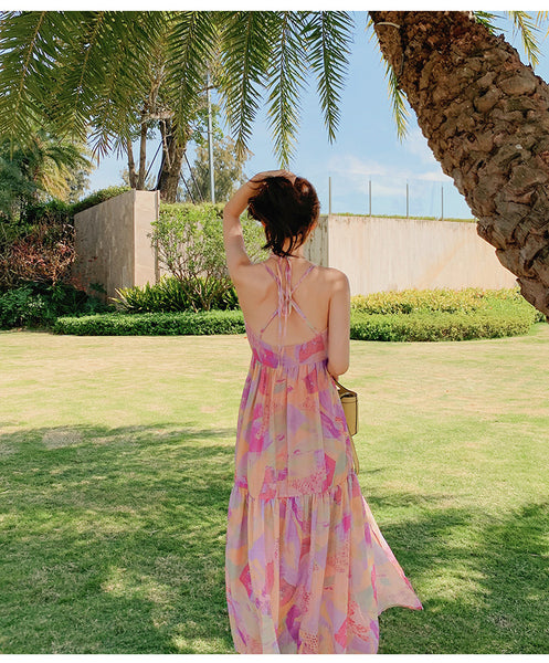 Elegant Summer Beach Sexy Women V-neck Backless Floral Printed Side Split Leisure Long Maxi Dress