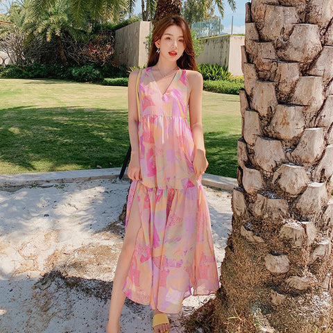 Elegant Summer Beach Sexy Women V-neck Backless Floral Printed Side Split Leisure Long Maxi Dress