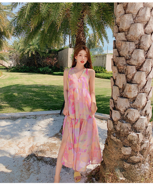 Elegant Summer Beach Sexy Women V-neck Backless Floral Printed Side Split Leisure Long Maxi Dress