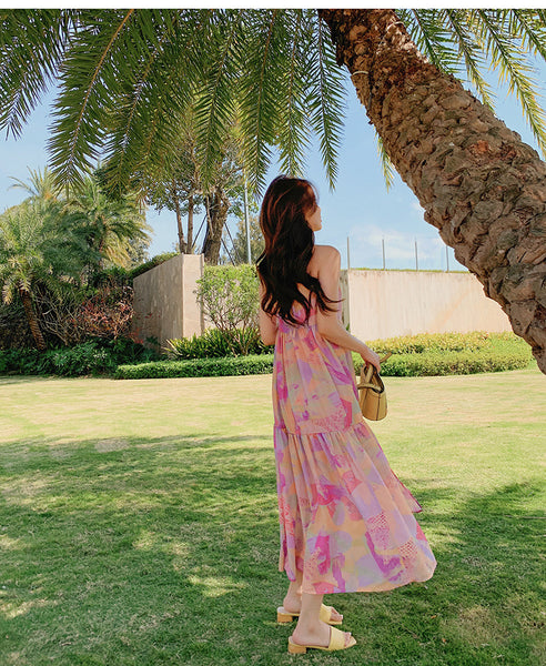 Elegant Summer Beach Sexy Women V-neck Backless Floral Printed Side Split Leisure Long Maxi Dress