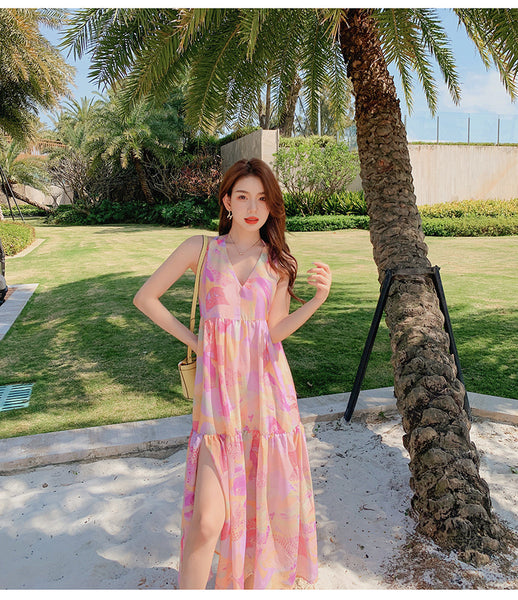 Elegant Summer Beach Sexy Women V-neck Backless Floral Printed Side Split Leisure Long Maxi Dress