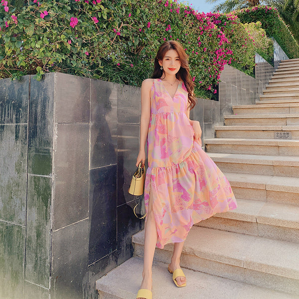 Elegant Summer Beach Sexy Women V-neck Backless Floral Printed Side Split Leisure Long Maxi Dress