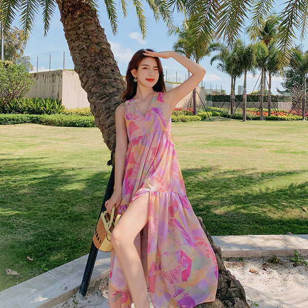 Elegant Summer Beach Sexy Women V-neck Backless Floral Printed Side Split Leisure Long Maxi Dress