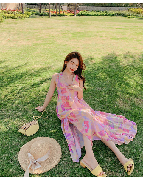 Elegant Summer Beach Sexy Women V-neck Backless Floral Printed Side Split Leisure Long Maxi Dress