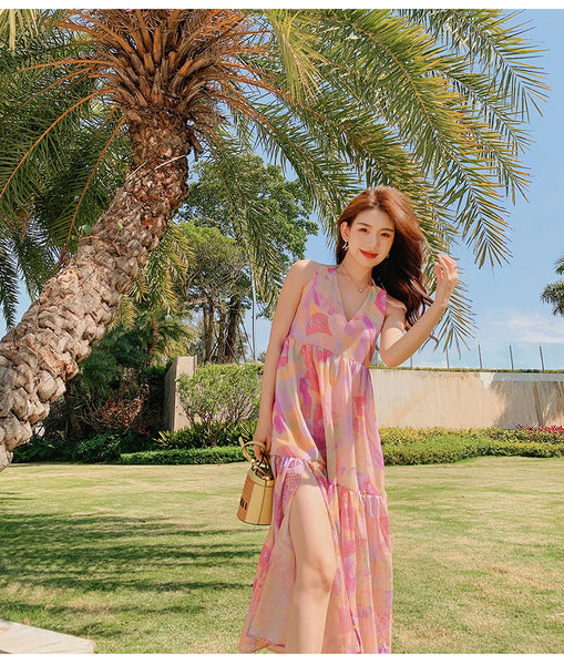 Elegant Summer Beach Sexy Women V-neck Backless Floral Printed Side Split Leisure Long Maxi Dress