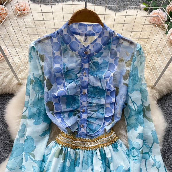 Spring Beautiful Temperament Women Palace Style Long Sleeved Floral Printed Ruffle Waist A-line Skirt Dress