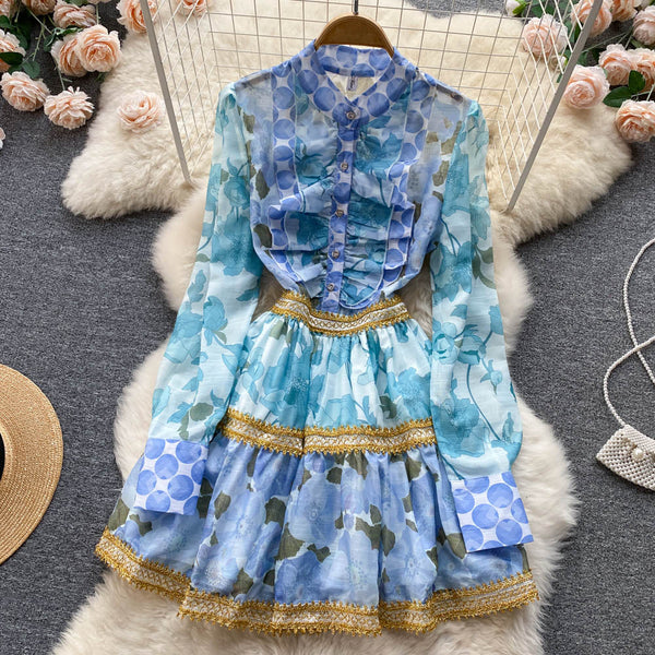 Spring Beautiful Temperament Women Palace Style Long Sleeved Floral Printed Ruffle Waist A-line Skirt Dress