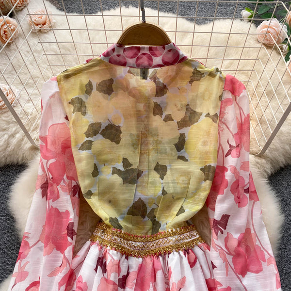 Spring Beautiful Temperament Women Palace Style Long Sleeved Floral Printed Ruffle Waist A-line Skirt Dress