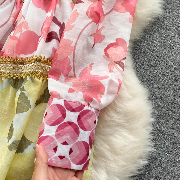 Spring Beautiful Temperament Women Palace Style Long Sleeved Floral Printed Ruffle Waist A-line Skirt Dress