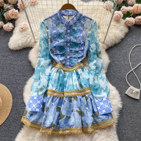 Spring Beautiful Temperament Women Palace Style Long Sleeved Floral Printed Ruffle Waist A-line Skirt Dress