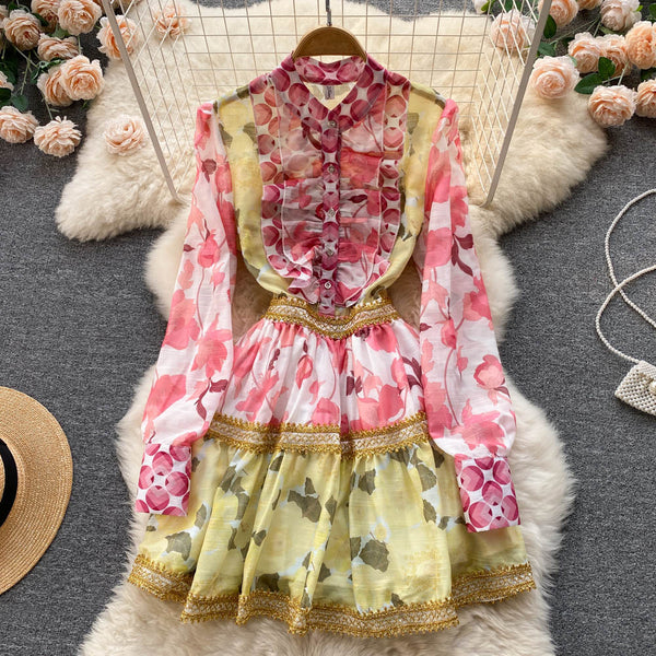 Spring Beautiful Temperament Women Palace Style Long Sleeved Floral Printed Ruffle Waist A-line Skirt Dress