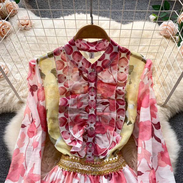 Spring Beautiful Temperament Women Palace Style Long Sleeved Floral Printed Ruffle Waist A-line Skirt Dress