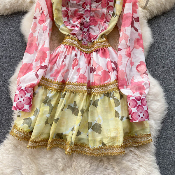 Spring Beautiful Temperament Women Palace Style Long Sleeved Floral Printed Ruffle Waist A-line Skirt Dress