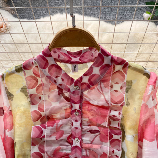 Spring Beautiful Temperament Women Palace Style Long Sleeved Floral Printed Ruffle Waist A-line Skirt Dress