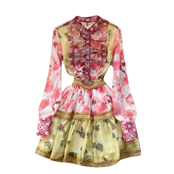 Spring Beautiful Temperament Women Palace Style Long Sleeved Floral Printed Ruffle Waist A-line Skirt Dress