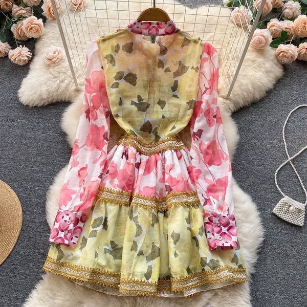 Spring Beautiful Temperament Women Palace Style Long Sleeved Floral Printed Ruffle Waist A-line Skirt Dress