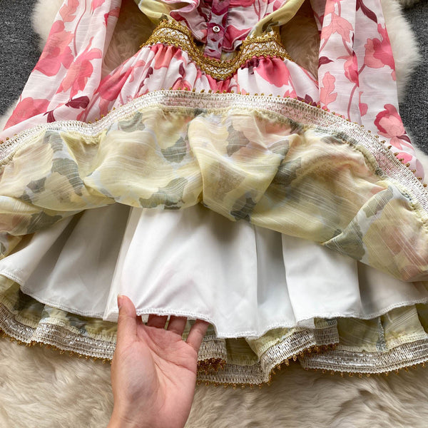 Spring Beautiful Temperament Women Palace Style Long Sleeved Floral Printed Ruffle Waist A-line Skirt Dress