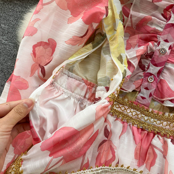 Spring Beautiful Temperament Women Palace Style Long Sleeved Floral Printed Ruffle Waist A-line Skirt Dress