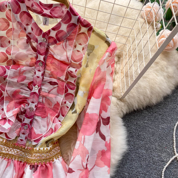 Spring Beautiful Temperament Women Palace Style Long Sleeved Floral Printed Ruffle Waist A-line Skirt Dress