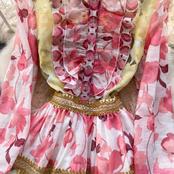 Spring Beautiful Temperament Women Palace Style Long Sleeved Floral Printed Ruffle Waist A-line Skirt Dress