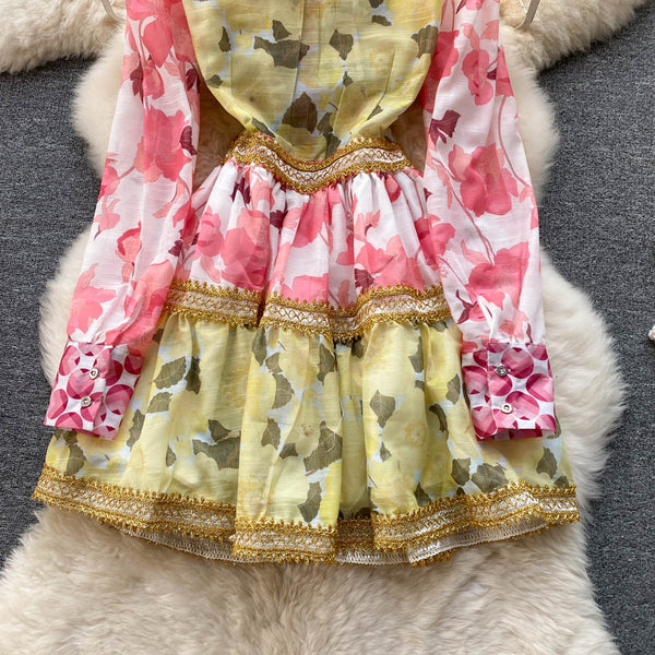 Spring Beautiful Temperament Women Palace Style Long Sleeved Floral Printed Ruffle Waist A-line Skirt Dress