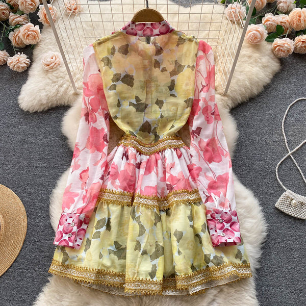 Spring Beautiful Temperament Women Palace Style Long Sleeved Floral Printed Ruffle Waist A-line Skirt Dress