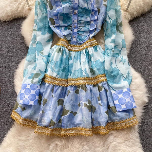 Spring Beautiful Temperament Women Palace Style Long Sleeved Floral Printed Ruffle Waist A-line Skirt Dress