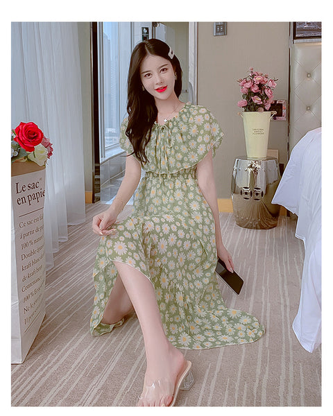 Fairy Tea Break Sexy Women Beach Plus Size Off Shoulder Floral Bellflower Printed Sling Dress