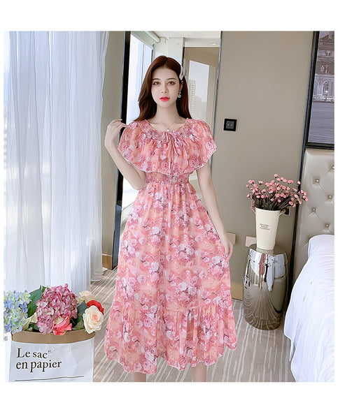 Fairy Tea Break Sexy Women Beach Plus Size Off Shoulder Floral Bellflower Printed Sling Dress