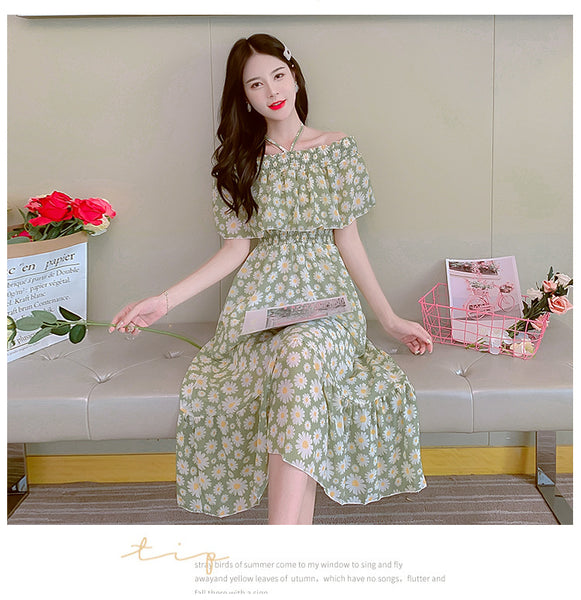 Fairy Tea Break Sexy Women Beach Plus Size Off Shoulder Floral Bellflower Printed Sling Dress