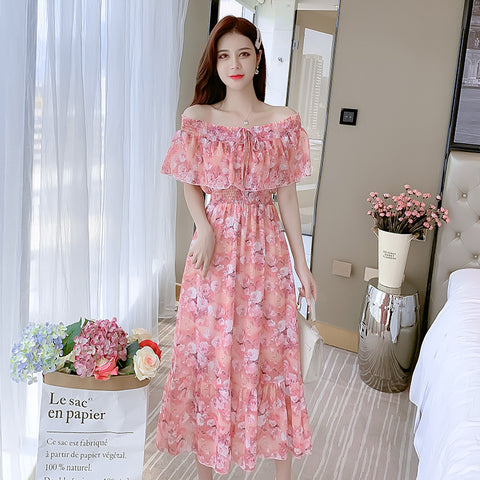 Fairy Tea Break Sexy Women Beach Plus Size Off Shoulder Floral Bellflower Printed Sling Dress