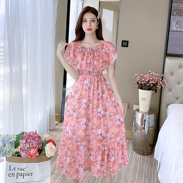 Fairy Tea Break Sexy Women Beach Plus Size Off Shoulder Floral Bellflower Printed Sling Dress