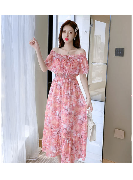 Fairy Tea Break Sexy Women Beach Plus Size Off Shoulder Floral Bellflower Printed Sling Dress