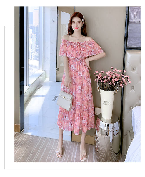 Fairy Tea Break Sexy Women Beach Plus Size Off Shoulder Floral Bellflower Printed Sling Dress