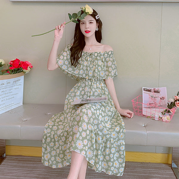 Fairy Tea Break Sexy Women Beach Plus Size Off Shoulder Floral Bellflower Printed Sling Dress