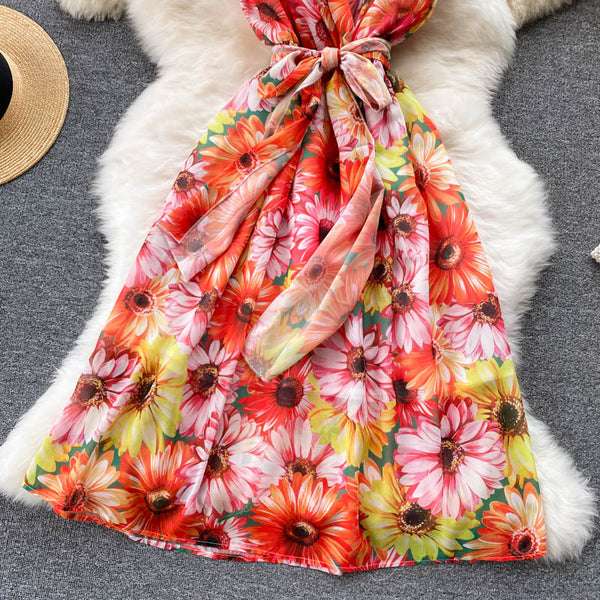Look Good Pretty Sexy Women Ruffles Colorful Floral Printed V-Neck Waist Front Bow Sleeveless Backless Dress