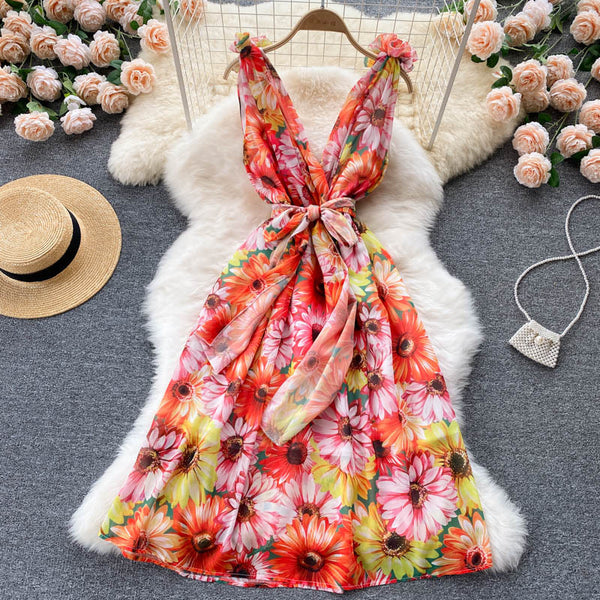 Look Good Pretty Sexy Women Ruffles Colorful Floral Printed V-Neck Waist Front Bow Sleeveless Backless Dress