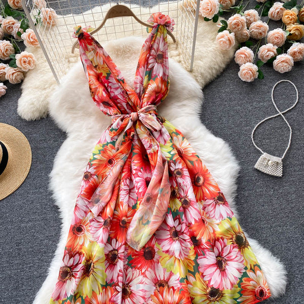 Look Good Pretty Sexy Women Ruffles Colorful Floral Printed V-Neck Waist Front Bow Sleeveless Backless Dress
