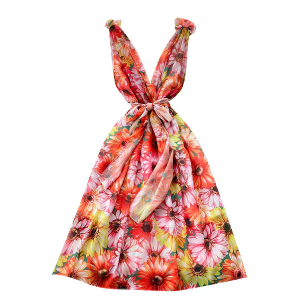 Look Good Pretty Sexy Women Ruffles Colorful Floral Printed V-Neck Waist Front Bow Sleeveless Backless Dress