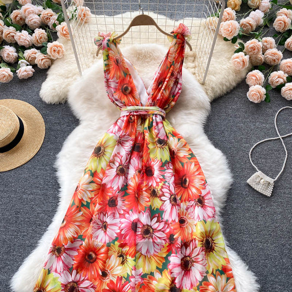 Look Good Pretty Sexy Women Ruffles Colorful Floral Printed V-Neck Waist Front Bow Sleeveless Backless Dress