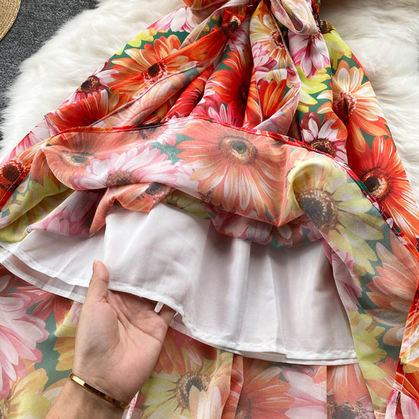 Look Good Pretty Sexy Women Ruffles Colorful Floral Printed V-Neck Waist Front Bow Sleeveless Backless Dress