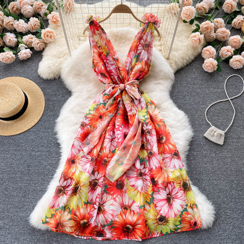 Look Good Pretty Sexy Women Ruffles Colorful Floral Printed V-Neck Waist Front Bow Sleeveless Backless Dress