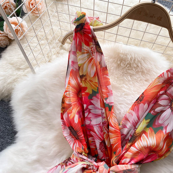 Look Good Pretty Sexy Women Ruffles Colorful Floral Printed V-Neck Waist Front Bow Sleeveless Backless Dress