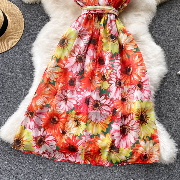 Look Good Pretty Sexy Women Ruffles Colorful Floral Printed V-Neck Waist Front Bow Sleeveless Backless Dress
