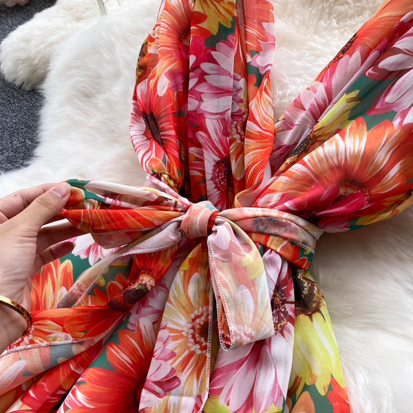 Look Good Pretty Sexy Women Ruffles Colorful Floral Printed V-Neck Waist Front Bow Sleeveless Backless Dress