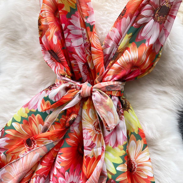 Look Good Pretty Sexy Women Ruffles Colorful Floral Printed V-Neck Waist Front Bow Sleeveless Backless Dress