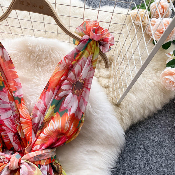 Look Good Pretty Sexy Women Ruffles Colorful Floral Printed V-Neck Waist Front Bow Sleeveless Backless Dress