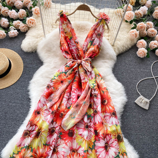 Look Good Pretty Sexy Women Ruffles Colorful Floral Printed V-Neck Waist Front Bow Sleeveless Backless Dress