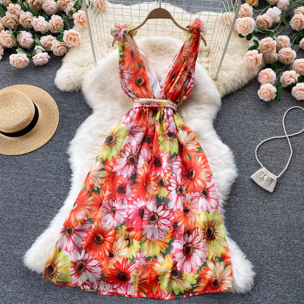 Look Good Pretty Sexy Women Ruffles Colorful Floral Printed V-Neck Waist Front Bow Sleeveless Backless Dress